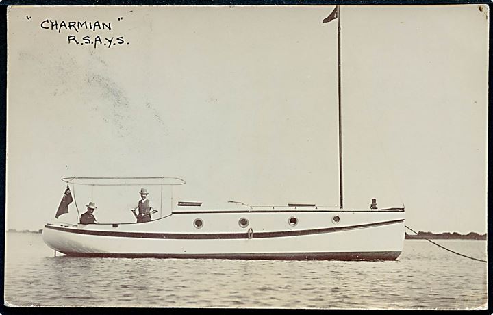 Charmian, R.S.A.Y.S. Motor yacht. Fotokort u/no. Sendt fra Adelaide South Australia d. 9.11.190? til København, Danmark.