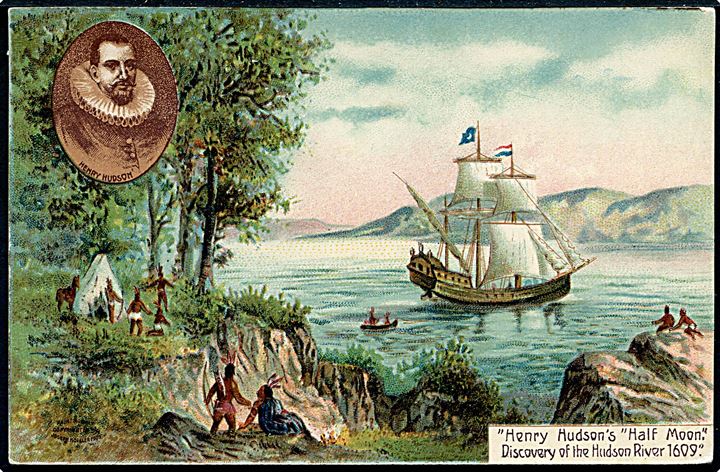 Half Moon, Henry Hudson opdager Hudson River i 1906. Frankeret med 2 cents Hudson-Fulton jubilæum og annulleret med skibsstempel U.S. GERMAN SEA P.O. / 12 d. 23.9.1909 til Altona, Tyskland. Nummer i killer-stempel er utydeligt, hvis det er no. 12 er stemplet benyttet ombord på det tyske dampskib S/S Kaiser Wilhelm II.