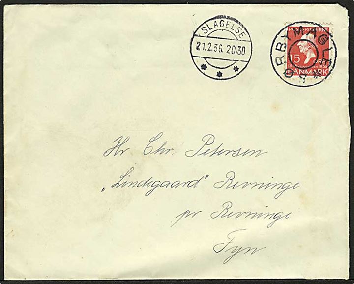 15 øre H.C. Andersen på brev annulleret med udslebet stjernestempel SØRBYMAGLE og sidestemplet Slagelse d. 21.2.1936 til Revinge.