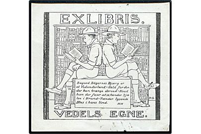 Exlibris med spejder motiv fra Vedels Egne signeret P.S. ca. 1920. Vedels Egne var en spejder gruppe på Frederiksberg - 5. By Trop i Det danske Spejderkorps - som tog navn efter deres leder Klavs Vedel. 