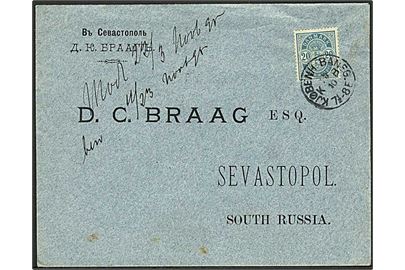 20 øre Våben på brev annulleret med lapidar stempel Kjøbh. Baneg. d. 23.10.1895 til Sevastopol, Rusland.