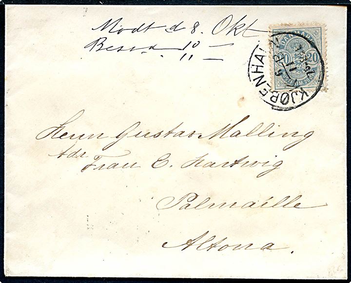 20 øre Våben 1. tryk små hj.tal single på brev annulleret med lapidar Kjøbenhavn d. 6.11.1882 til Altona, Tyskland.