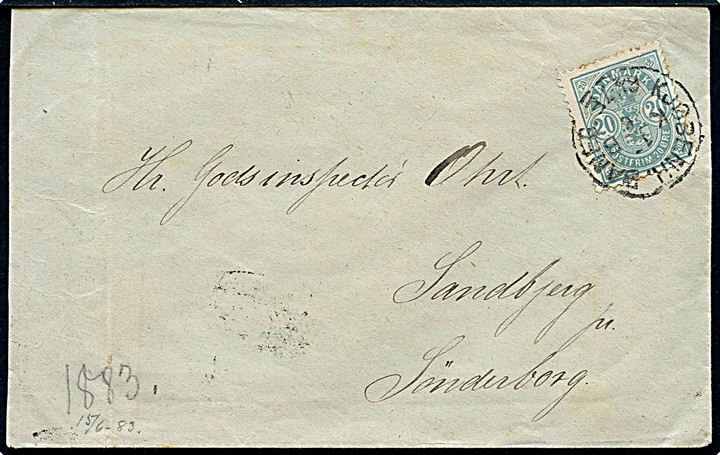 20 øre Våben 2. tryk pos. 2 små hj.tal på brev annulleret med lapidar Kjøbenh. Baneg. d. 15.6.1883 til Sandbjerg pr. Sønderborg, Nordslesvig.