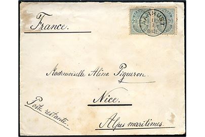 20 øre Våben små hj.tal i vandret parstykke på brev annulleret med lapidar Aarhus I d. 11.7.1883 til poste restante i Nice, Frankrig. Et mærke med rundt hj.tak.