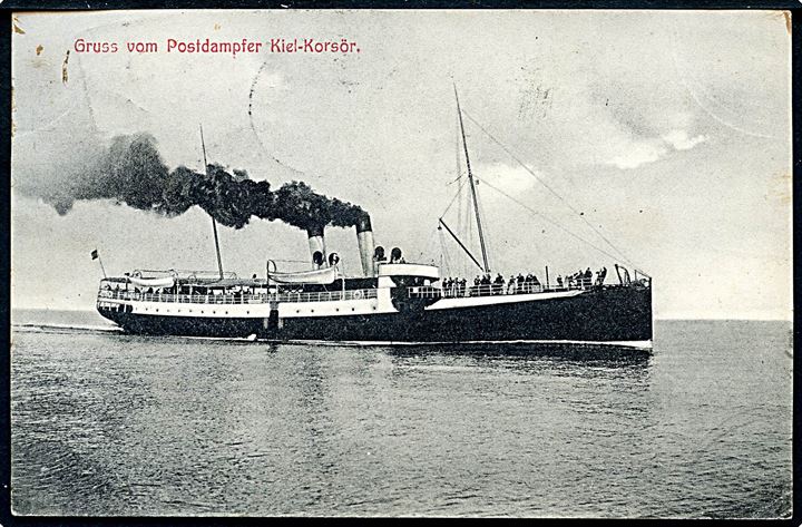 5 pfg. Germania (2) på brevkort (Tysk postdamper Kiel-Korsør) annulleret med skibsstempel Korsør-Kiel DPSK:POSTKT: No. 4 (uden dato!!!) og sidestemplet Korsør d. 21.8.1907 til Bruxelles, Belgien.
