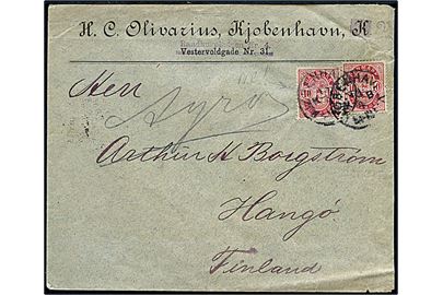 10 øre Våben (2) på brev fra Kjøbenhavn d. 16.4.1895 til Hangö, Finland. Venstre mærke med matricefejl Åbent venstre 0.