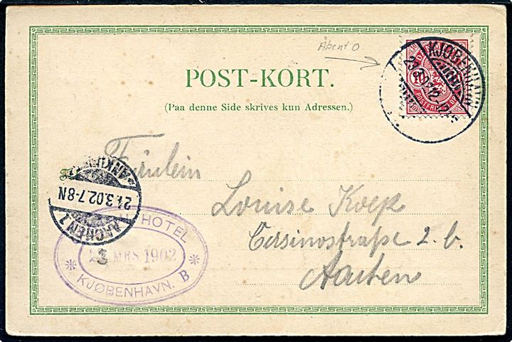 10 øre Våben med matricefejl Åben venstre 0 på brevkort (Søpavillonen og rutebåd) fra Kjøbenhavn d. 23.3.1902 til Aachen, Tyskland.