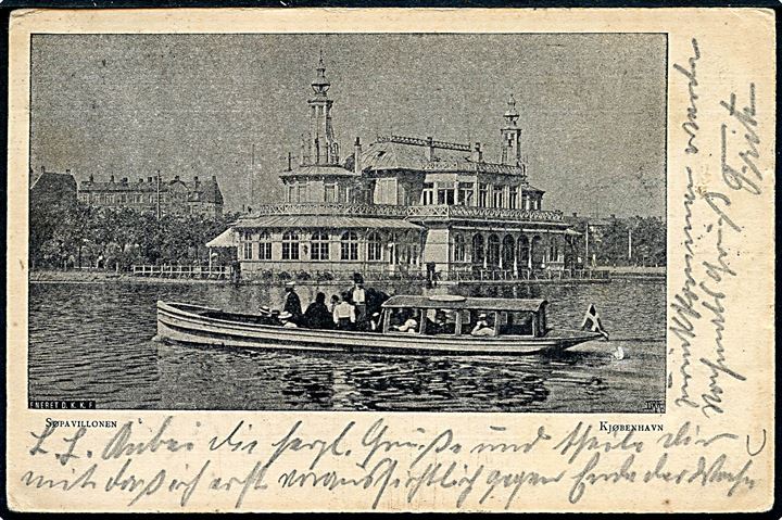 10 øre Våben med matricefejl Åben venstre 0 på brevkort (Søpavillonen og rutebåd) fra Kjøbenhavn d. 23.3.1902 til Aachen, Tyskland.