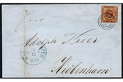 4 sk. 1858 udg. på brev fra Aarhus annulleret med svagt nr.stempel 187 og sidestemplet blåt antiqua Dampsk: Post-Sped: No. 4 d. 20.12.159 til Kjøbenhavn.
