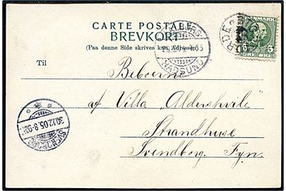 5 øre Chr. IX på brevkort (Aalborg offentlige Slagehus) annulleret med stjernestempel STORVORDE og sidestemplet bureau Aalborg - Hadsund T.65 d. 29.12.1905 til Svendborg.