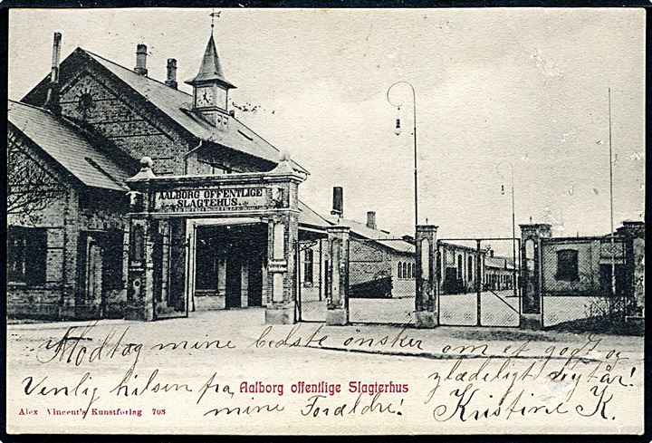 5 øre Chr. IX på brevkort (Aalborg offentlige Slagehus) annulleret med stjernestempel STORVORDE og sidestemplet bureau Aalborg - Hadsund T.65 d. 29.12.1905 til Svendborg.