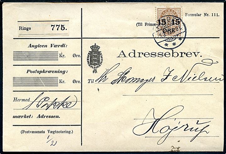 15/24 øre Provisorium single på adressebrev for pakke fra Ringe d. 3.3.1910 til Højrup.