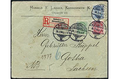 5 øre, 10 øre og 20 øre Våben på anbefalet brev fra Kjøbenhavn d. 30.7.1904 til Gotha, Tyskland.