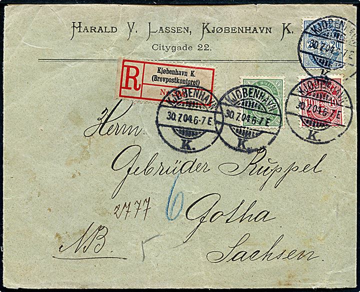 5 øre, 10 øre og 20 øre Våben på anbefalet brev fra Kjøbenhavn d. 30.7.1904 til Gotha, Tyskland.