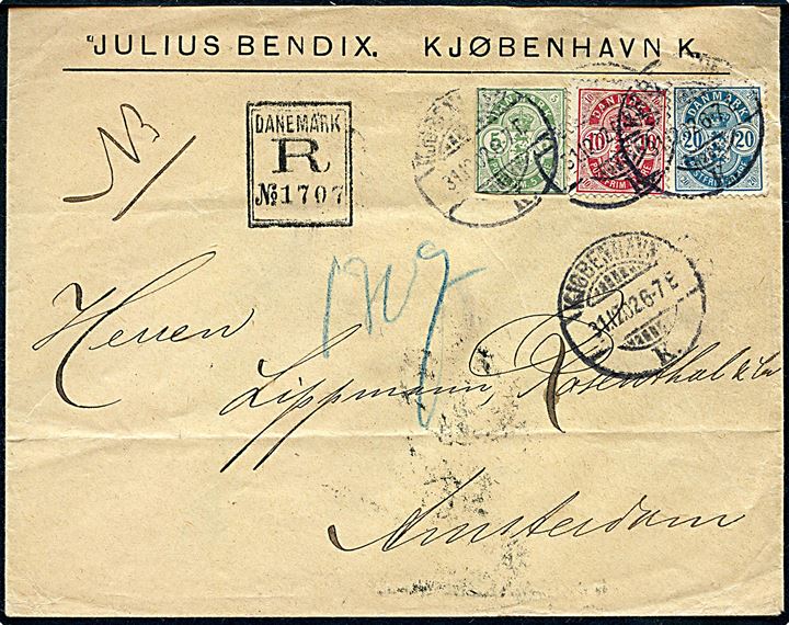 10 øre og 20 øre Våben, samt 5 øre Våben helsagsafklip, på anbefalet brev fra Kjøbenhavn  d. 31.12.1902 til Amsterdam, Holland.