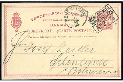 10 øre Våben helsagsbrevkort annulleret med skibsstempel Korsør-Kiel DPSK: POSTKT: No. 2 d. 13.6.1895 til Schönlinde, Böhmen, Østrig.