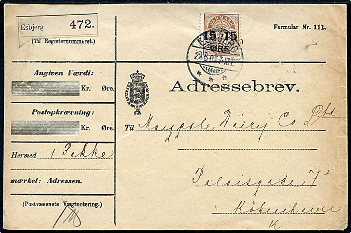 15/24 øre Provisorium single på adressebrev for pakke fra Esbjerg d. 29.6.1907 til København.