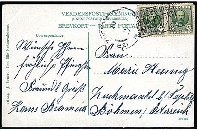 5 øre Fr. VIII i parstykke på brevkort annulleret med skibsstempel Korsør-Kiel DPSK:POSTKT: No. 2 d. 18.5.1907 til Zuckmantel i Böhmen, Østrig.
