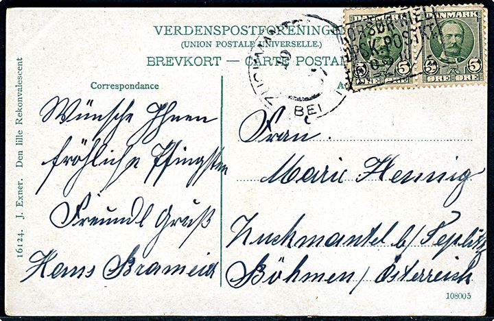 5 øre Fr. VIII i parstykke på brevkort annulleret med skibsstempel Korsør-Kiel DPSK:POSTKT: No. 2 d. 18.5.1907 til Zuckmantel i Böhmen, Østrig.