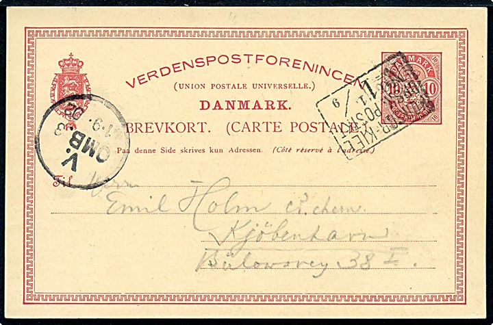 10 øre Våben helsagsbrevkort skrevet ombord på den danske damper Freja annulleret Korsør-Kiel DPSK:POSTKT: No. 1 d. 1.9.1902 til Kjøbenhavn.