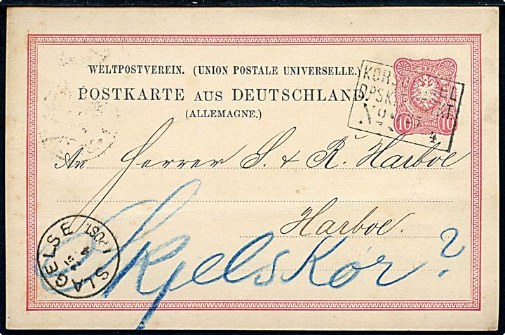 10 pfg. helsagsbrevkort fra Kiel annulleret med skibsstempel Korsør-Kiel DPSK:POSTKT: No. 2 d. 25.4.1884 via Slagelse til Harboe pr. Skjelskør.