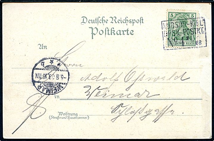 5 pfg. Germania på brevkort (Gruss Bord des Deutschen Tages-Postdampfer Prinz Waldemar Kiel-Korsør) annulleret med skibsstempel Korsør-Kiel DPSK:POSTKT: No. 4 d. 8.4.1908 til Weimar, Tyskland.