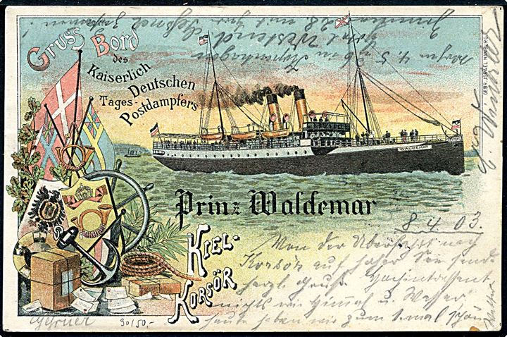 5 pfg. Germania på brevkort (Gruss Bord des Deutschen Tages-Postdampfer Prinz Waldemar Kiel-Korsør) annulleret med skibsstempel Korsør-Kiel DPSK:POSTKT: No. 4 d. 8.4.1908 til Weimar, Tyskland.