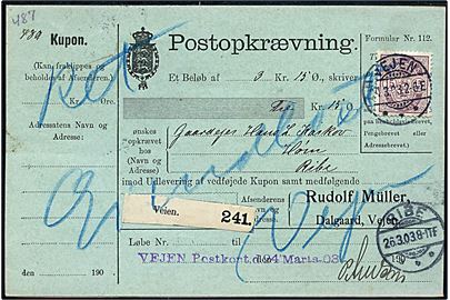 15 øre Våben single på retur postopkrævning fra Vejen d. 24.3.1903 til Ribe.