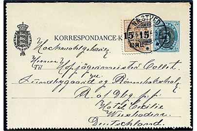 5/4 øre provisorisk helsagskorrespondancekort opfrankeret med 15/24 øre Provisorium fra Næstved d. 2.6.1911 til Wiesbaden, Tyskland.