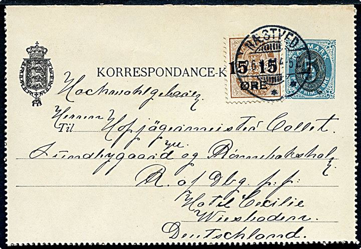 5/4 øre provisorisk helsagskorrespondancekort opfrankeret med 15/24 øre Provisorium fra Næstved d. 2.6.1911 til Wiesbaden, Tyskland.