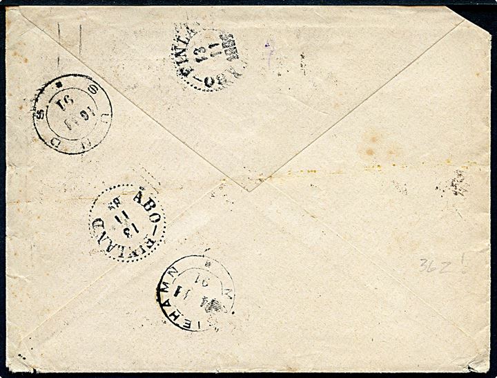 20 øre Våben med matricefejl Brud på ydercirkel  om højre 20 på brev fra Kjøbenhavn d. 9.11.1891 via Åbo, Mariehamn og Sunds til Haraldsby på Åland, Finland.
