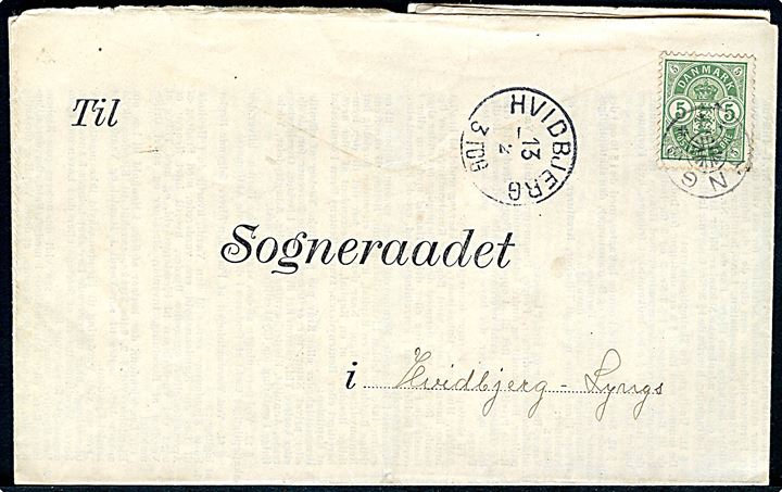 5 øre Våben på brev med indhold dateret 1903 annulleret med stjernestempel LYNGS og sidestemplet lapidar Hvidbjerg d. 13.2.1903 til Sogneraadet i Hvidbjerg-Lyngs. 