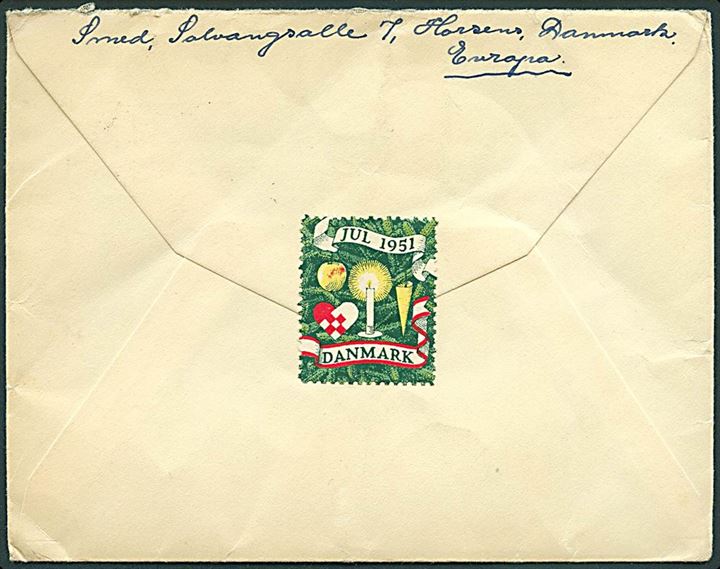 50 øre Ørsted og Julemærke 1951 (13) på for- og bagside af brev fra Horsens d. 13.12.1951 til Isleworth, England.