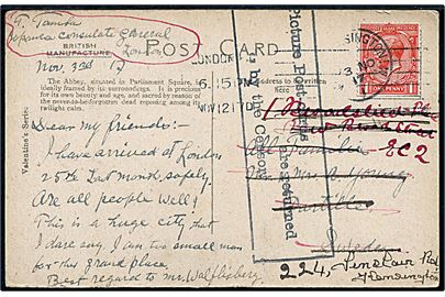 1d George V på brevkort (Westminster Abbey, London) sendt fra det japanske generalkonsulat og stemplet London d. 12.11.1917 til Partille, Sverige. Returneret med rammestempel: Picture Post-cards are returned by the Censor. Omadresseret i London.