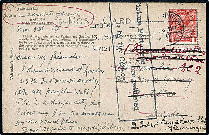 1d George V på brevkort (Westminster Abbey, London) sendt fra det japanske generalkonsulat og stemplet London d. 12.11.1917 til Partille, Sverige. Returneret med rammestempel: Picture Post-cards are returned by the Censor. Omadresseret i London.