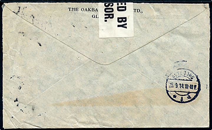 2½d George V privat helsags-rudekuvert fra Glasgow d. 19.9.1914 til Göteborg, Sverige. Åbnet af tidlig britisk censur med lille banderole påskrevet censor-nr. 130. Ank. i Göteborg d. 25.9.1914.