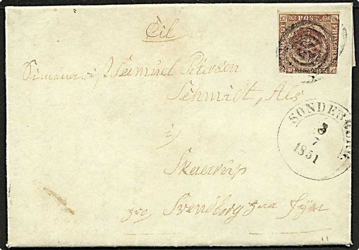 4 R.B.S. Ferslew tæt klippet på brev dateret Ulkeböll og annulleret med stumt stempel (DAKA 179.09), samt sidestemplet antiqua Sonderburg. d. 3.7.1851 til Skaarup pr. Svendborg. God kombination. 
