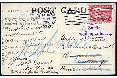 2 cents San Francisco Panama Canal 1915 udg. på brevkort fra Indianapolis d. 14.7.1915 til Antwerpen i tysk besat Belgien. Returneret med tysk stempel Zurück weil unzulässig. 