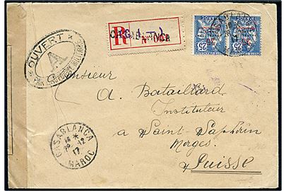 Fransk post i Marokko. 25 c. Protectorat Francais  Maroc Provisorium i parstykke på anbefalet brev fra Casablanca d. 28.12.1917 til Schweiz. Åbnet af lokal fransk militærcensur i Marokko. 