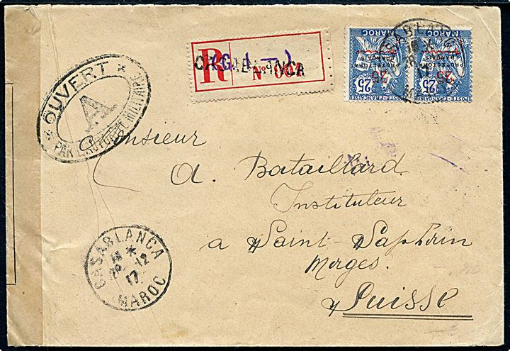 Fransk post i Marokko. 25 c. Protectorat Francais  Maroc Provisorium i parstykke på anbefalet brev fra Casablanca d. 28.12.1917 til Schweiz. Åbnet af lokal fransk militærcensur i Marokko. 