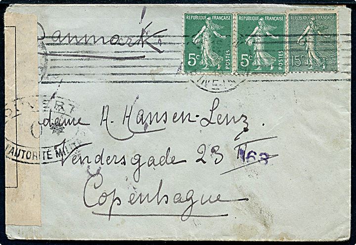 5 c. (2) og 15 c. på brev fra Rouen d. 20.1.1919 til København, Danmark. Åbnet af fransk censur i Dieppe. Dobbelt censureret med 2 forskellige censurstemplet 14 og *0 som blev benyttet ved særlig censur.