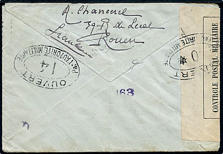 5 c. (2) og 15 c. på brev fra Rouen d. 20.1.1919 til København, Danmark. Åbnet af fransk censur i Dieppe. Dobbelt censureret med 2 forskellige censurstemplet 14 og *0 som blev benyttet ved særlig censur.