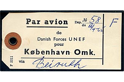 Manila mærke - F 2011 - for luftpost fra Danish Forces UNEF til København Omk. Påskrevet via Beirouth og dato: 12.4.1965. 