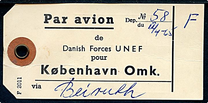 Manila mærke - F 2011 - for luftpost fra Danish Forces UNEF til København Omk. Påskrevet via Beirouth og dato: 12.4.1965. 