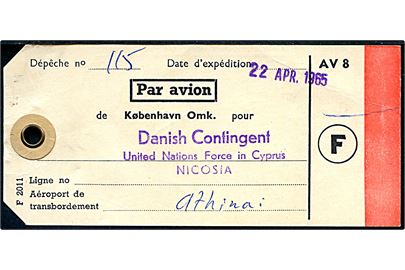 Manila mærke - F2011 - for luftpost postsæk fra København Omk til Danish Contingent United Nations Force in Cyprus d. 22.4.1965. Dirigeret via Athen.