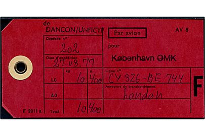 Manila mærke for luftpostsæk fra DANCON/UNFICYP (Danske FN styrker på Cypern) d. 27.8.1977 med flyver CY326 og BE744 via London til København Omk. 