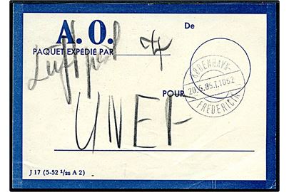 Brevbundt seddel - J17 (5-52 1/25 A2) - for Luftpost A.O. stemplet København - Fredericia T.1062 d. 20.6.1965 til UNEF (De danske FN-styrker i Gaza).