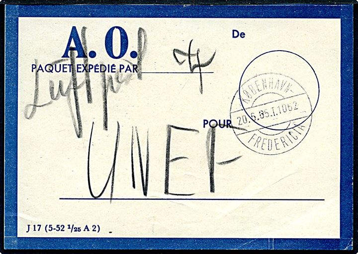 Brevbundt seddel - J17 (5-52 1/25 A2) - for Luftpost A.O. stemplet København - Fredericia T.1062 d. 20.6.1965 til UNEF (De danske FN-styrker i Gaza).