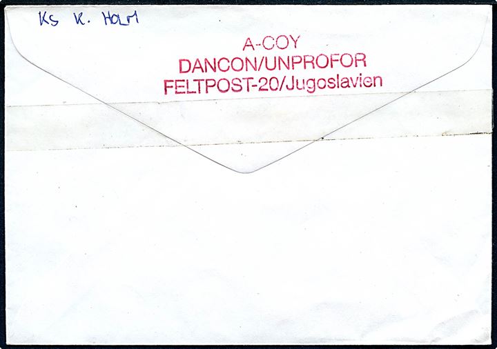 0000 øre firmafranko Free Mail Service/DANCON UNPROFOR d. 30.11.1992 på brev til Nordborg, Danmark. Sendt fra A-Coy DANCON/UNPROFOR Feltpost 20/Jugoslavien.