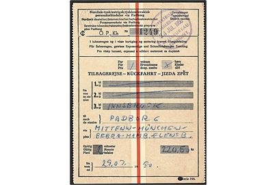 Danske Statsbaner togbillet for rejse fra Innsbruck til Padborg. Stemplet Oversøisk Passagerbureau Rejesbureau København V. d. 24.7.1950.
